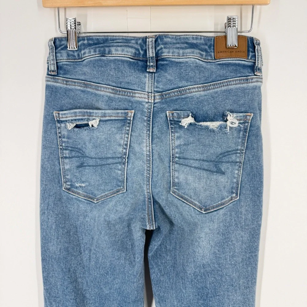 American Eagle‎ Women 6 Long Tall Blue Distressed Flare Jeans Next Level Stretch